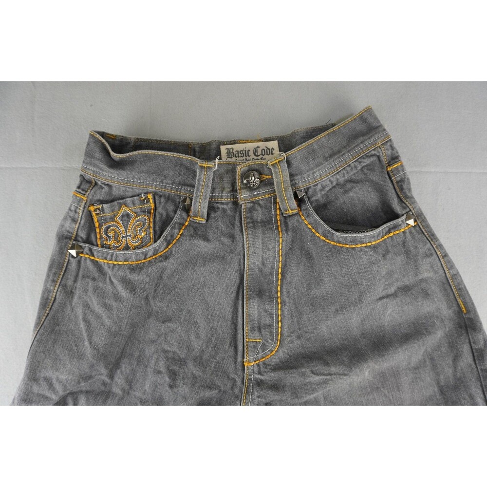 Vtg Basic Code Men's 32x32 Jeans Fleur De Lis Embroidered Baggy Y2K Grey Denim - Picture 6 of 10